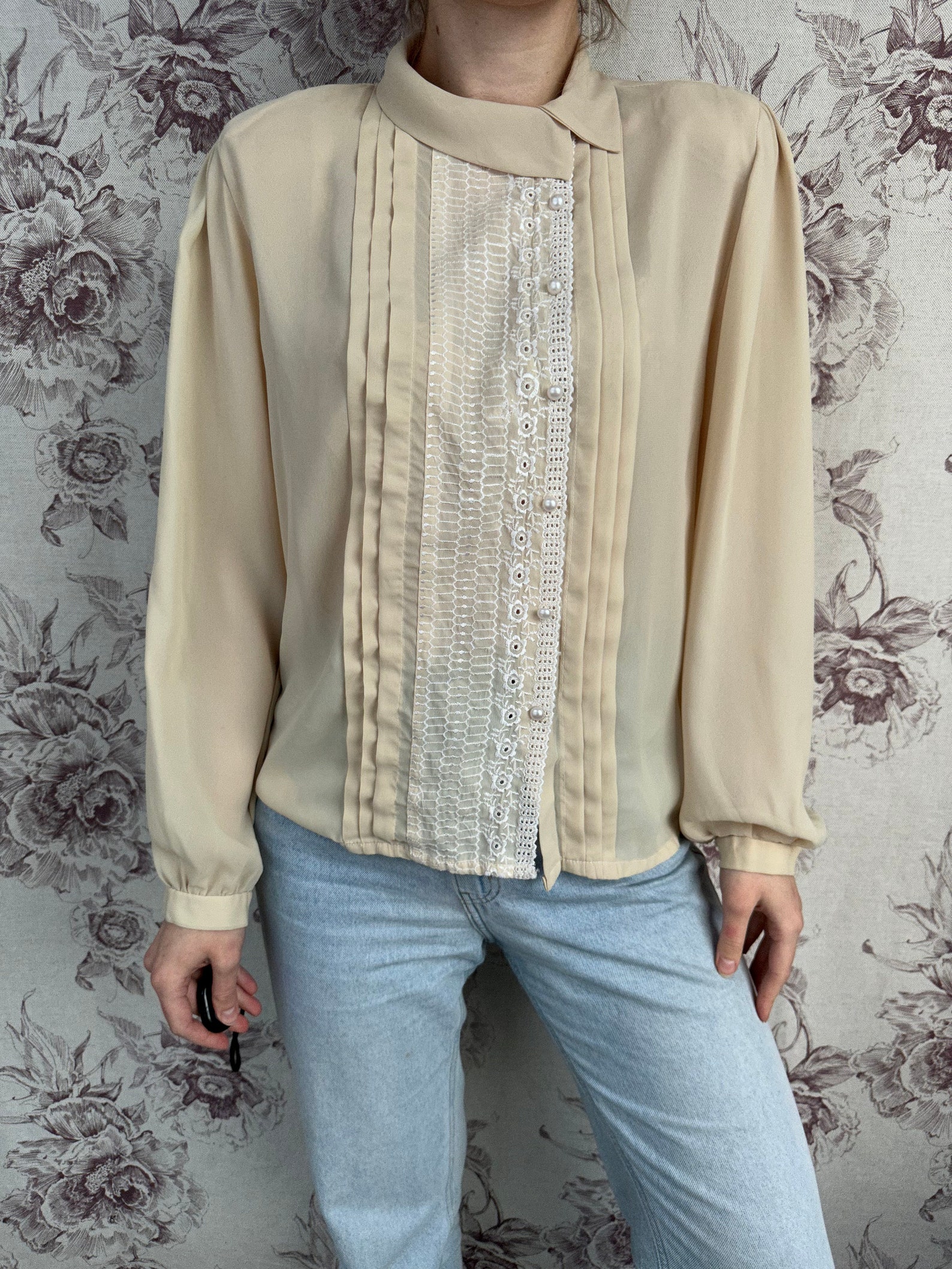 Women's Embroidered Cream Shirt with Lace Hem Detail