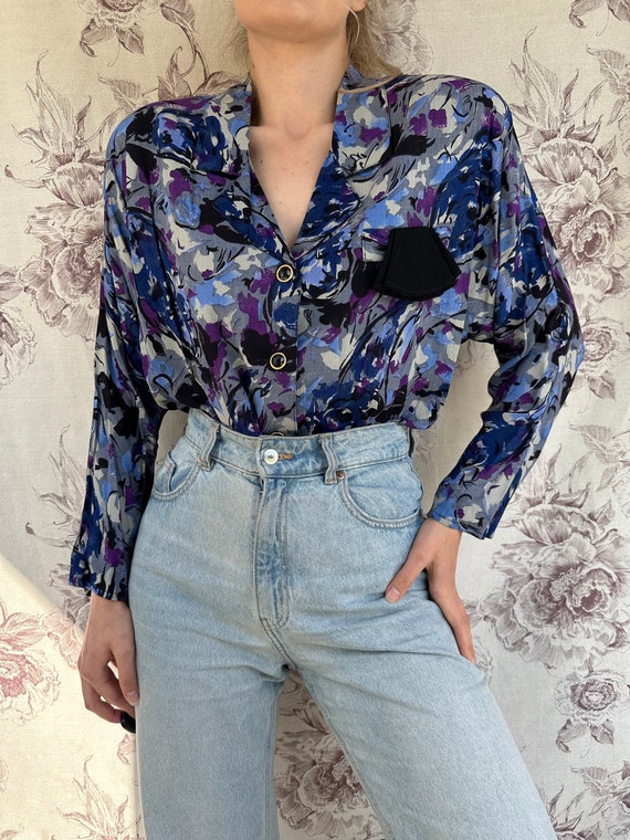 Vintage viscose 70s blue blouse, retro abstract p… - image 1