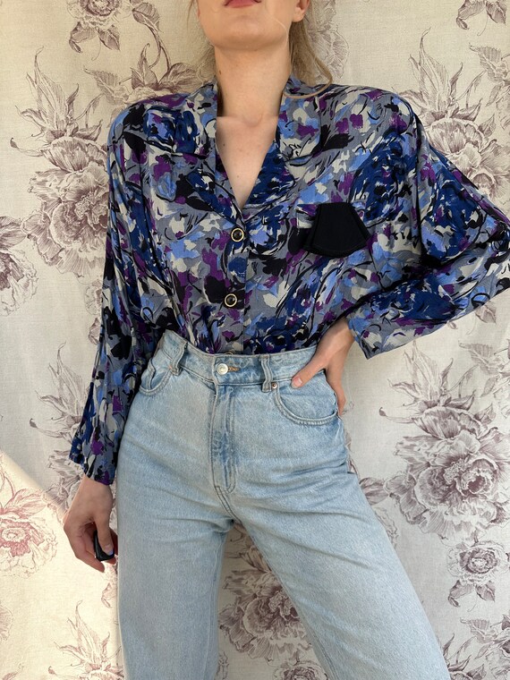 Vintage viscose 70s blue blouse, retro abstract p… - image 3