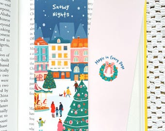 Christmas Bookmark | Snowy Village Design, Double-Sided Illustrated Laminated Bookmark, Gift for Book Lovers