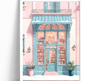 Snowy Bookshop Art Print: Winter Bookstore Home Decor