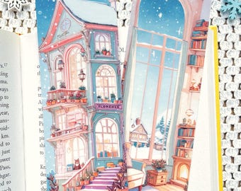 Snowy House Bookmark: Double-Sided Illustrated, Laminated Bookmark | Bookish Gift