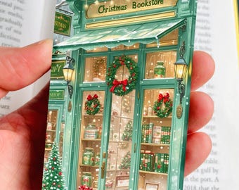 Snowy Bookstore Bookmark | Festive Double-Sided Illustration | Bookish Gifts