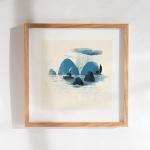 Sailboat, Boat Home, Floating House, Sailing, water, Giclee fine art print, Small wall decor, Minimalist illustration, Blue and white