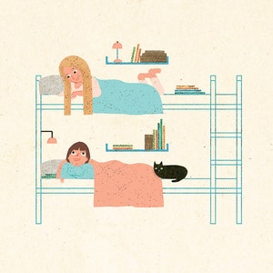 Illustration, Fine Art Print, Bedtime, Wall Decor, Childerns Room, Nursery, Siblings, Brother and Sister, Human love animal, Small Print
