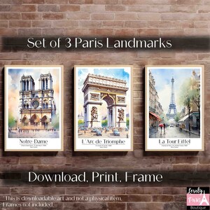 3er Set Paris Kunstdrucke - Sofort Download – Eiffelturm, Arc de Triomphe, Notre Dame – Sofort fertig zum Drucken und Rahmen