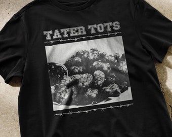 May include: Black t-shirt with a graphic print of tater tots and the text "Tater Tots" in white.