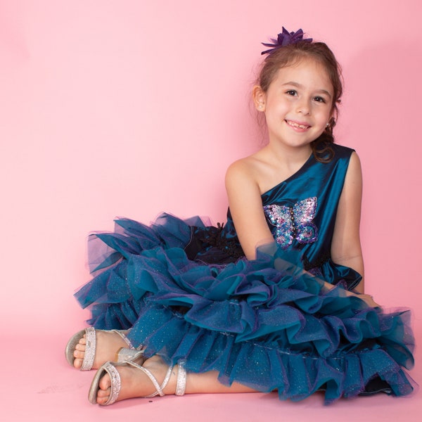 Satin and tulle fun girl's dress many colors available one shoulder full skirt dress up or play