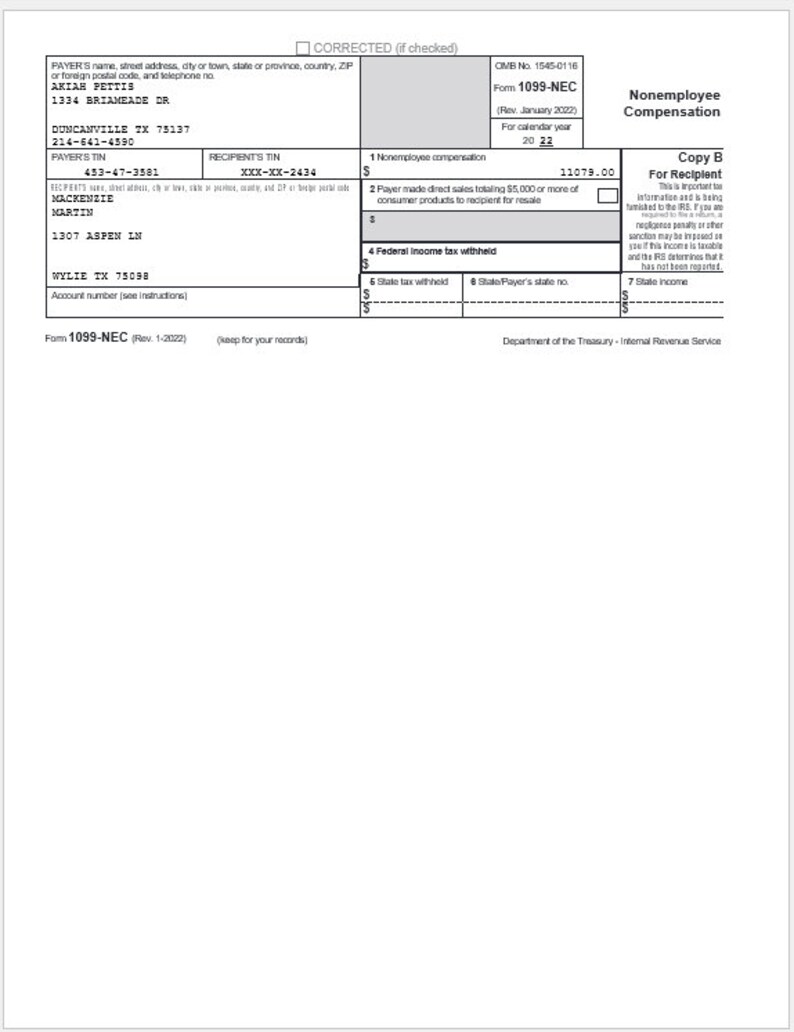 1099NEC Template Editable Proof of Word Doc Etsy