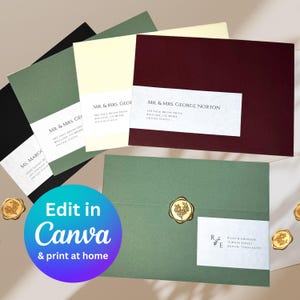 May include: A set of five envelopes in various colors, including green, cream, black, and burgundy. Each envelope has a white label with black text, including names and addresses. The text on the labels reads: "MS. MARGO", "MR & MRS. GE", "MR. & MRS. GEOF", "MR. & MRS. GEORGE NORTON", and "BILLY & EMIRSON". The envelopes are arranged in a stack, with the green envelope on top. The image also includes a text overlay that reads "Edit in Canva & print at home".