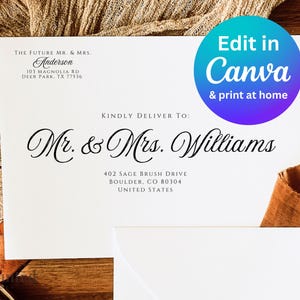 May include: A white envelope with a return address label for Mr. & Mrs. Anderson and a delivery address label for Mr. & Mrs. Williams. The envelope is on a wooden surface with brown fabric.