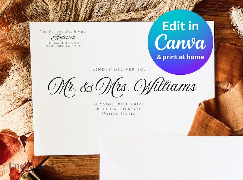 May include: A white envelope with a return address label for Mr. & Mrs. Anderson and a delivery address label for Mr. & Mrs. Williams. The envelope is on a wooden surface with brown fabric.