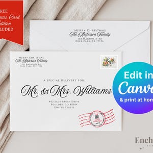 May include: A white envelope with a red and green Christmas stamp. The envelope is addressed to Mr. & Mrs. Williams with a special delivery message. The envelope is decorated with a red and white Christmas stamp. The text "Edit in Canva & print at home" is written on a blue and purple circle.
