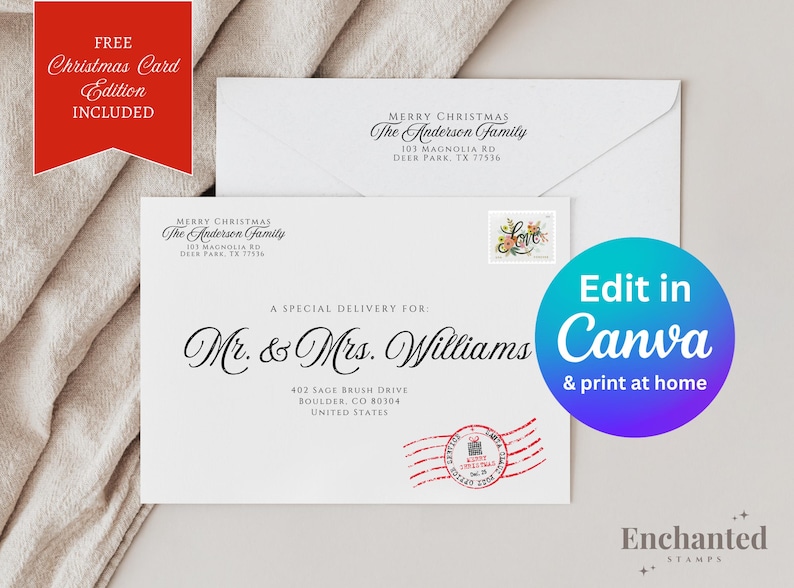 May include: A white envelope with a red and green Christmas stamp. The envelope is addressed to Mr. & Mrs. Williams with a special delivery message. The envelope is decorated with a red and white Christmas stamp. The text "Edit in Canva & print at home" is written on a blue and purple circle.