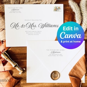 May include: Two white envelopes with a wax seal on one. The envelopes are addressed to "Mr. & Mrs. Williams" and "The Future Mr. & Mrs. Anderson". The text "Edit in Canva & print at home" is written in a circle on the envelope.