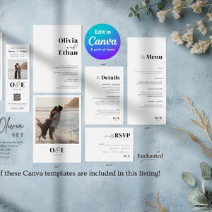 photo of a modern bundle of photo wedding invitations, photo save the dates, details card, menu, and RSVP card on a dusty blue wedding background