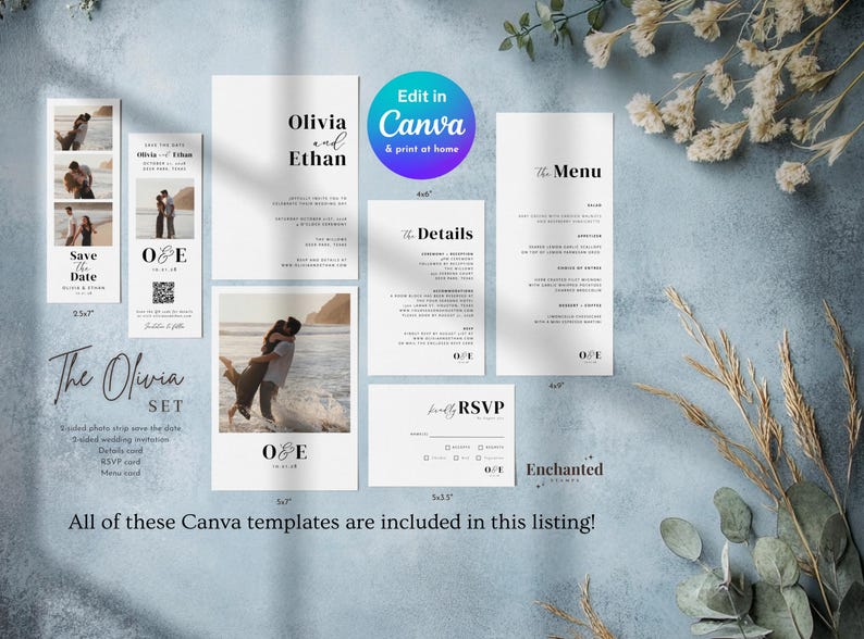 photo of a modern bundle of photo wedding invitations, photo save the dates, details card, menu, and RSVP card on a dusty blue wedding background