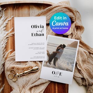 photo of a modern double sided wedding invitation with the couple in the photo