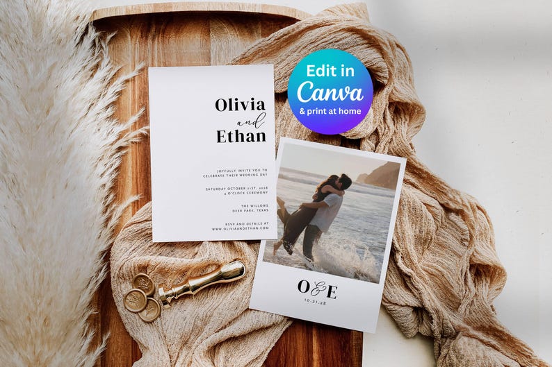 photo of a modern double sided wedding invitation with the couple in the photo