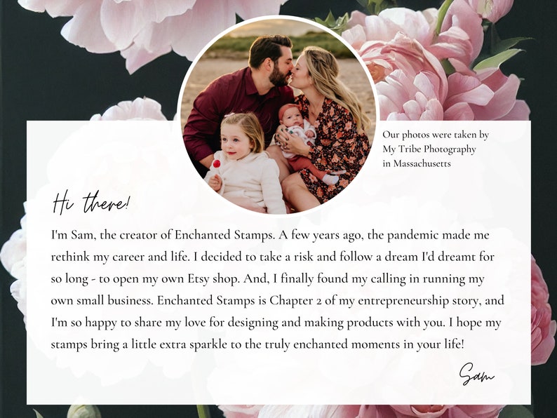 May include: A family of four poses for a photo in front of a beach. The parents are kissing, and the two children are smiling. The photo was taken by My Tribe Photography in Massachusetts.
