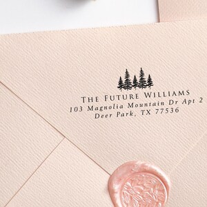 Mountain return address stamp, Trees address stamp, Wedding stamper, Wedding stamp, Invitation stamp, Mountain wedding