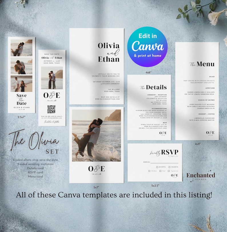 photo of a modern bundle of photo wedding invitations, photo save the dates, details card, menu, and RSVP card on a dusty blue wedding background