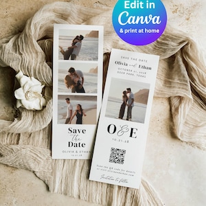 photo of two photo strip save the dates with the couple in the photos and their date and QR code