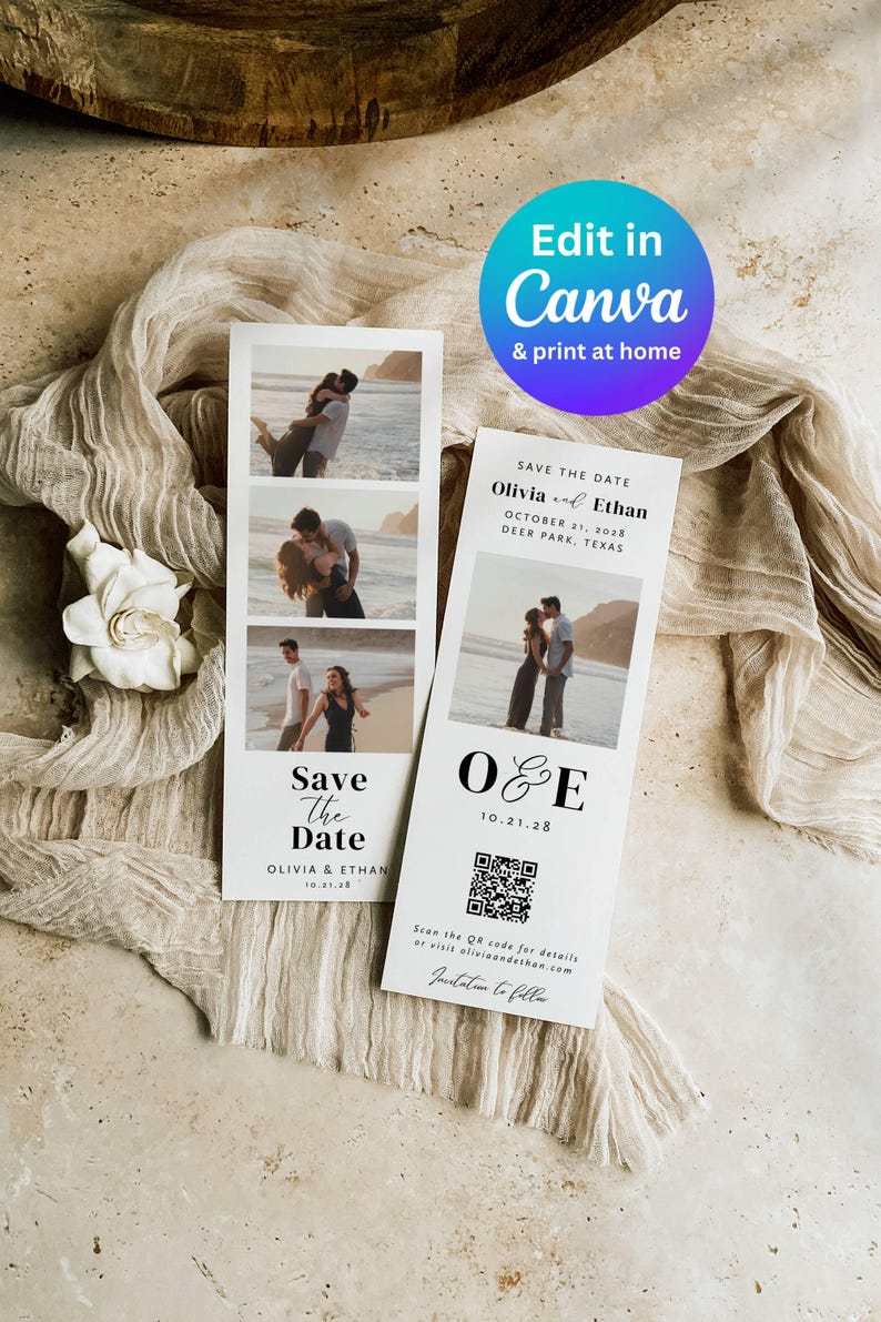 photo of two photo strip save the dates with the couple in the photos and their date and QR code