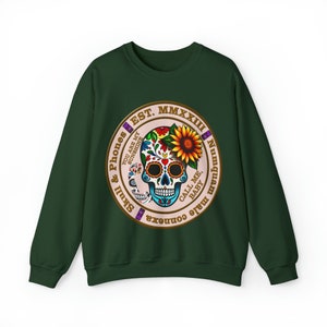 Unlock Style and Comfort: Introducing Our Unique Skull & Phones Crewneck Sweatshirt Forest Green