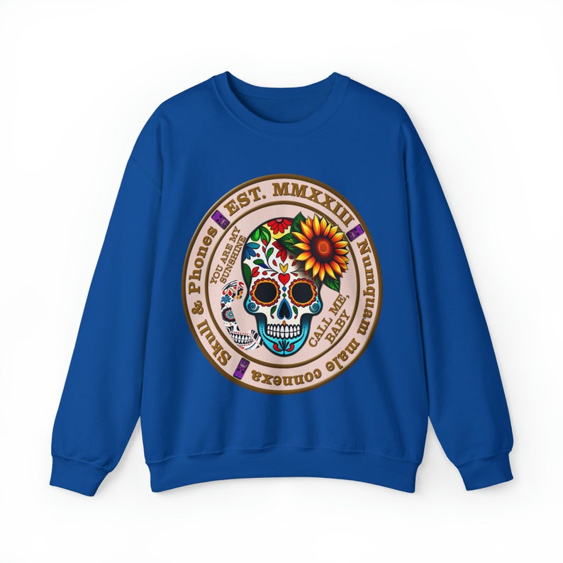 Unlock Style and Comfort: Introducing Our Unique Skull & Phones Crewneck Sweatshirt Royal