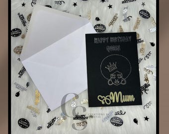 Black & Gold Afro Birthday Card – Handmade Glitter Silhouette