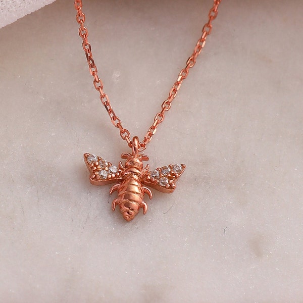 Bee Pendant, 14K Solid Gold Bee Necklace, Tiny Gold Animal Necklace, Three Color Bee Pendant, Handmade 14K Gold Bee Necklace, Christmas Gift