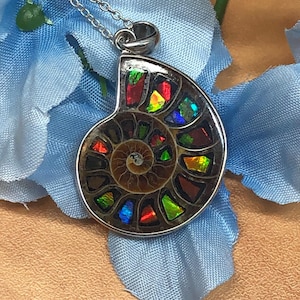 Peut inclure: Un collier pendentif en argent avec un fossile d'ammonite irisé. Le pendentif présente un motif en spirale avec des couleurs vives, notamment le rouge, le vert et le bleu. Le collier est présenté sur un tissu bleu clair.