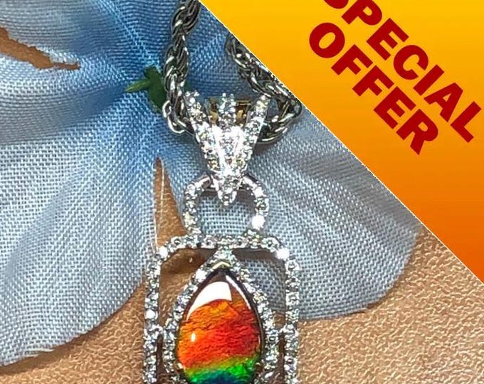 Featured listing image: SPECIAL OFFER  14K Gold Ammolite Pendant: Two-Tone Diamond Accent Gemstone, AAA Ammolite