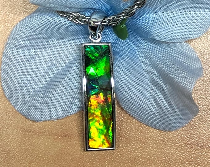 Featured listing image: Ammolite Pendant: Rhodium Plated 925 Sterling Silver Rectangle Gemstone, 16-inch Chain Included