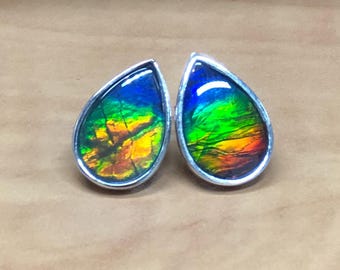 Ammolite Earrings: Pear-Shaped Sterling Silver Studs. AAA Ammolite