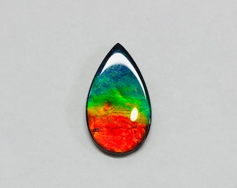 Puede incluir: Una piedra preciosa iridiscente en forma de lágrima con un borde negro. La piedra preciosa presenta un arcoíris de colores, incluyendo rojo, naranja, amarillo, verde, azul y morado.
