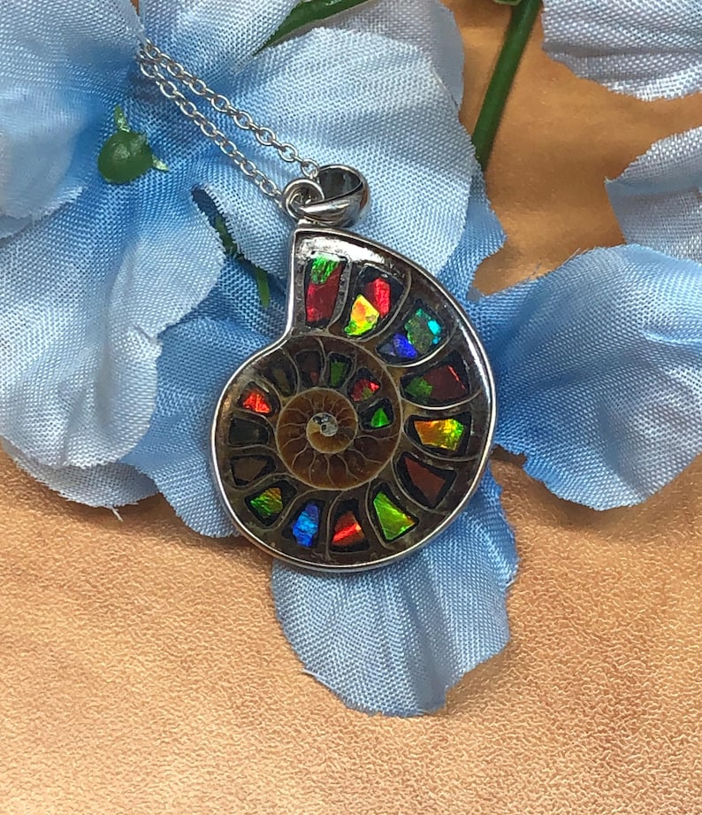 Puede incluir: Un collar con colgante de plata con un f&oacute;sil de amonita iridiscente. El colgante muestra un patr&oacute;n en espiral con colores vibrantes, incluyendo rojo, verde y azul. El collar se exhibe sobre una tela azul claro.