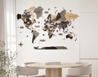 Art mural carte du monde en bois, art mural de voyage, cadeau de pendaison de crémaillère pour la famille, Weltkarte Holz, cadeau de Pâques, cadeau de Noël, décoration d'intérieur moderne