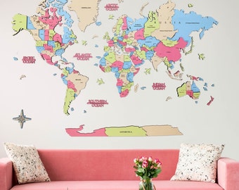 3D Wooden World Map “Colorful Dreams” – Pastel Wall Art, Handmade Kids Room Decor
