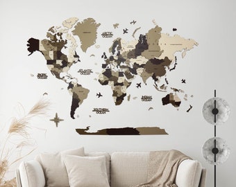 Carte du monde 3D en bois, cadeau de pendaison de crémaillère, art mural, carte de voyage, décoration murale pour maison, carte de voyage, cadeau pour mari, Weltkarte Holz, décoration de bureau,