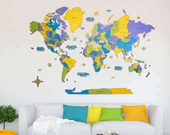 3D Wooden World Map Wall Decor: Educational Geography Art