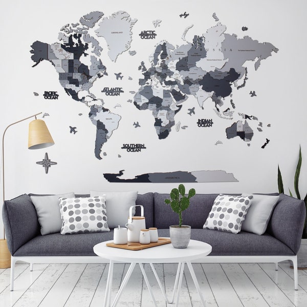 3D Wooden World Map, 5th Anniversary Gift, Home Decor, Office Decor, Weltkarte Holz, Birthday Gİft for Travelers, Grey Wall Decor, Home Gift