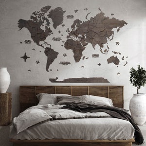 3D houten wereldkaart, kunst aan de muur decor, kantoor decor, housewarming en verjaardagscadeau, reiskaart, woondecoratie, grote kaart voor muur