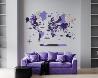Carte du monde en bois 3D, art mural carte en bois, carte de voyage, cadeaux de pendaison de crémaillère, Weltkarte Holz, décoration d'intérieur, cadeau de 5e anniversaire pour couple