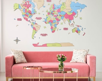 Wooden World Map for Kids, Birthday Gift for Daughter, Travel Map, Educational for Сhildren, Push Pin Wooden Wall Map, Nursery Decor