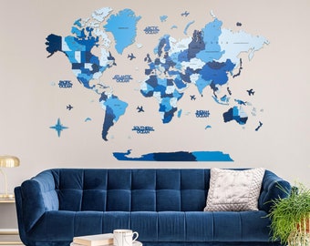Blue Wooden World Map, Birthday Anniversary Gift, Home Decor, Travel Map, Weltkarte Holz, World Map with Push Pins, Handmade Decor