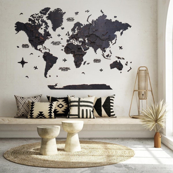 Black Wooden World Map, Housewarming Gift, Wall Decor, Living Room Decor, Home Decor, Travel Map, Office Decor, 3D Wooden World Map