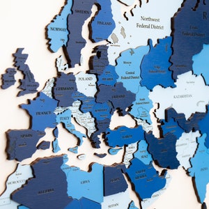 Blue Wooden World Map, Birthday Anniversary Gift, Home Decor, Travel Map, Weltkarte Holz, World Map with Push Pins, Handmade Decor