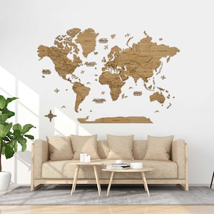 Mapa del mundo de madera de roble natural para pared, acabado con barniz transparente, decoración rústica para el hogar, regalo perfecto para amantes de la naturaleza y viajeros.